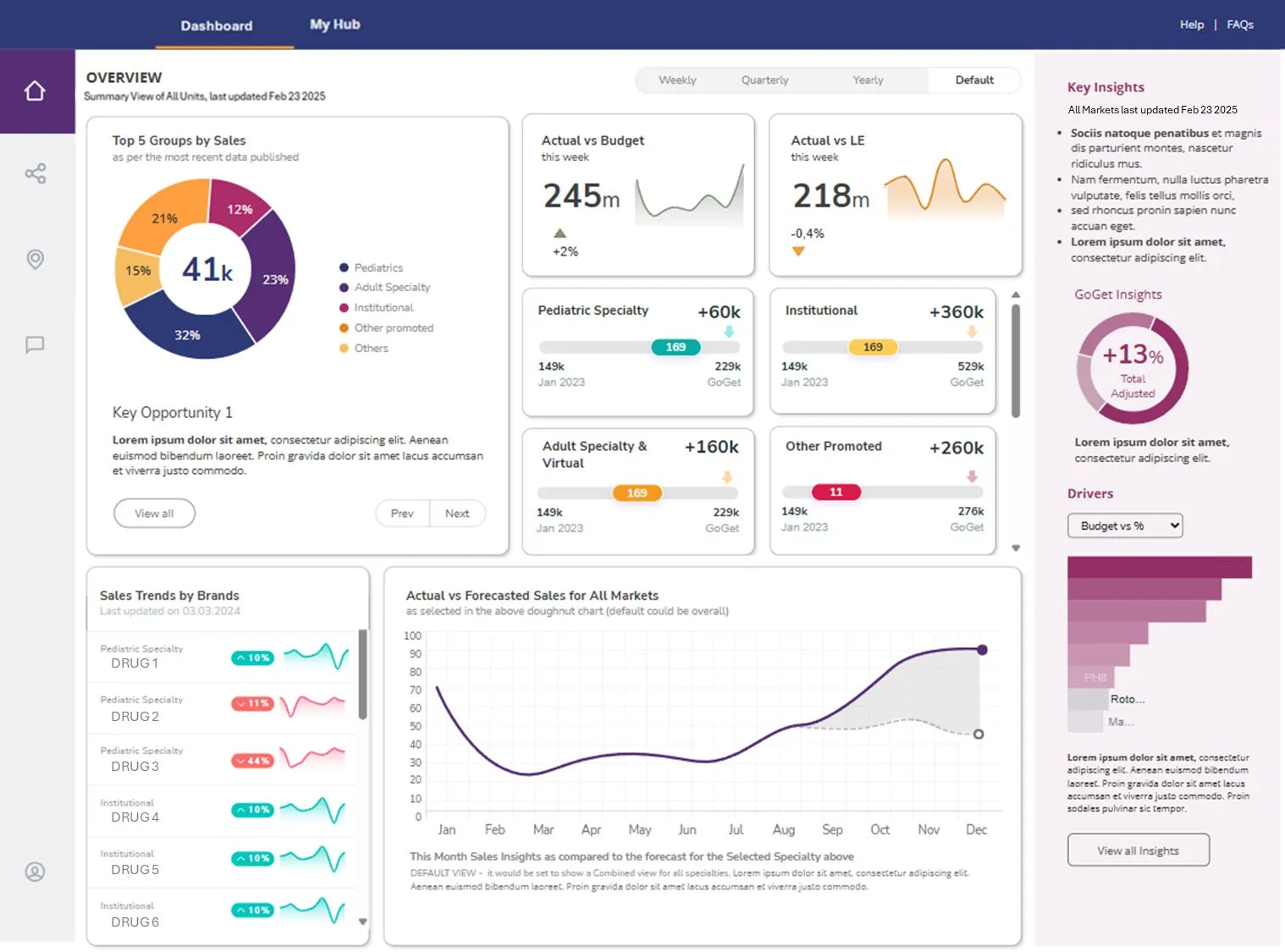 RowerPharm IQ Executive Overview — sales by top markets, actual vs budget, forecasts, key insights